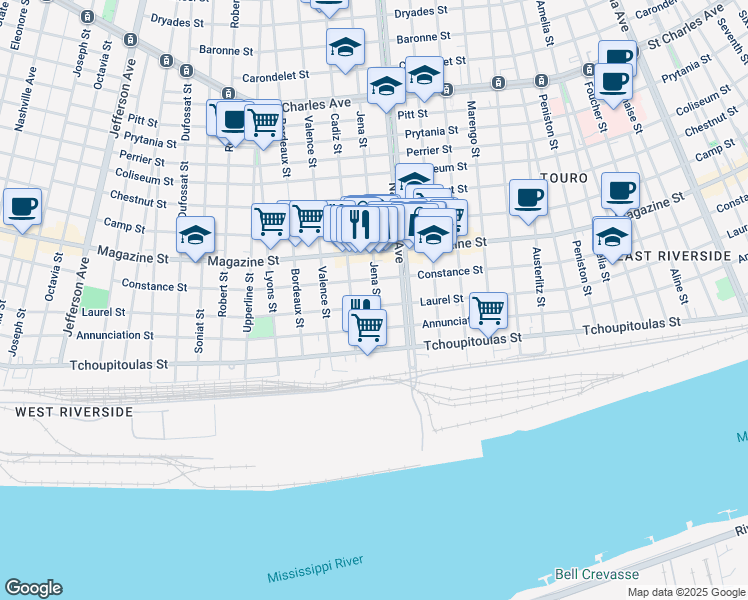 map of restaurants, bars, coffee shops, grocery stores, and more near 4417 Laurel Street in New Orleans