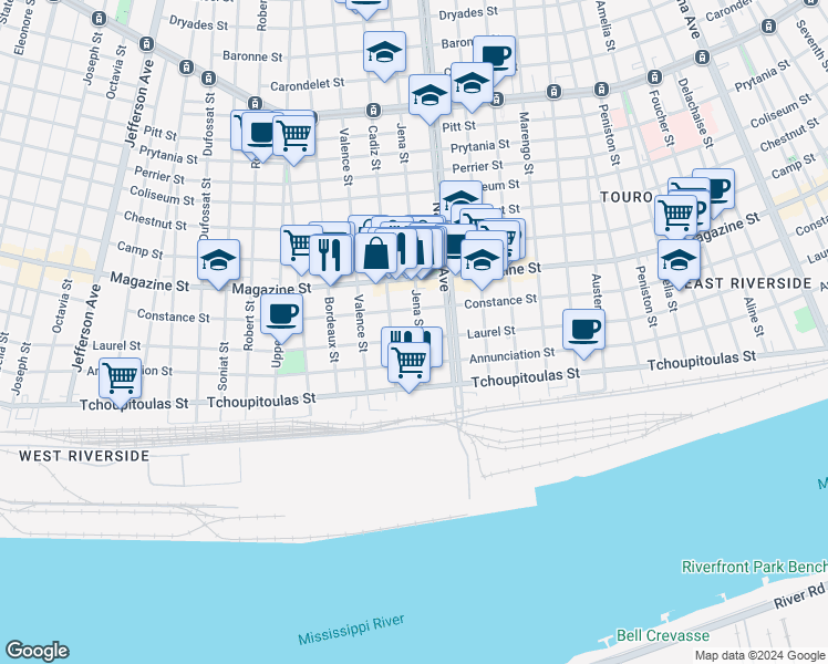 map of restaurants, bars, coffee shops, grocery stores, and more near 709 Cadiz Street in New Orleans