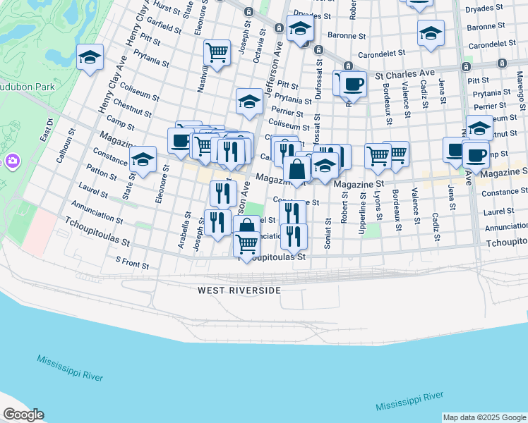 map of restaurants, bars, coffee shops, grocery stores, and more near 721 Leontine Street in New Orleans