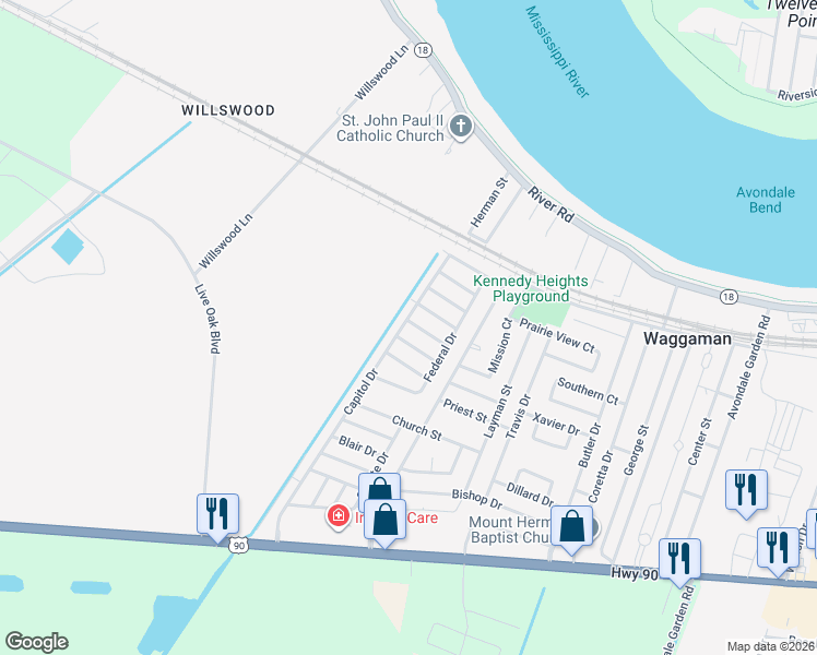 map of restaurants, bars, coffee shops, grocery stores, and more near 333 Counsel Drive in Westwego