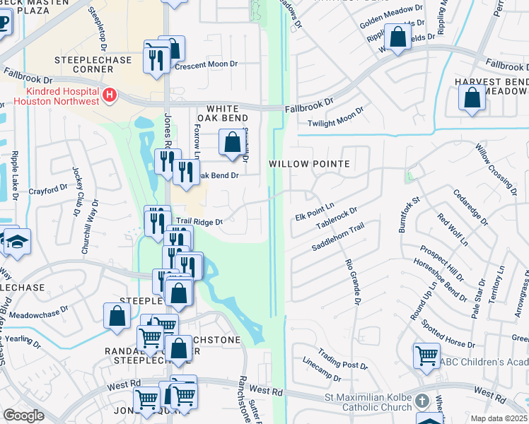 map of restaurants, bars, coffee shops, grocery stores, and more near 10138 Bayou Manor Lane in Houston