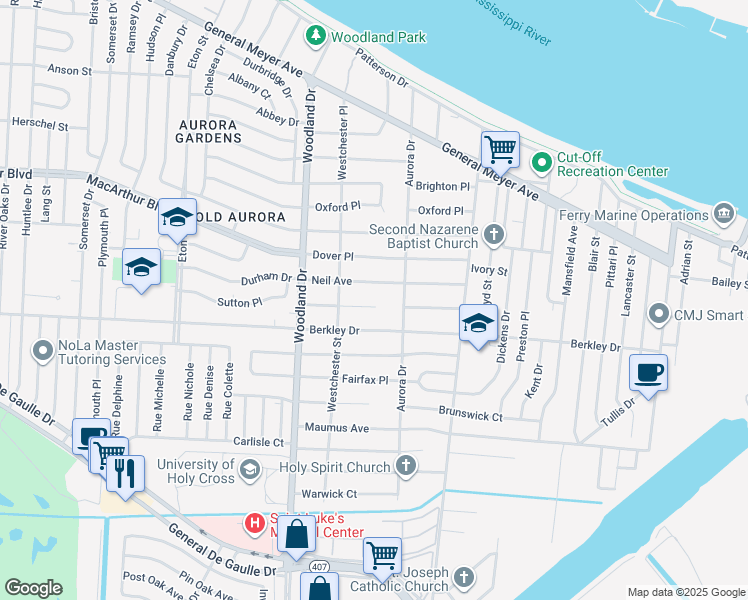 map of restaurants, bars, coffee shops, grocery stores, and more near 210 Cambridge Court in New Orleans