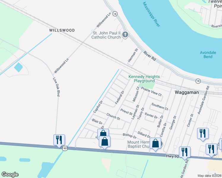 map of restaurants, bars, coffee shops, grocery stores, and more near 333 Counsel Drive in Westwego
