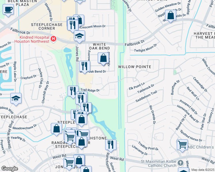 map of restaurants, bars, coffee shops, grocery stores, and more near 10143 White Oak Trail Lane in Houston