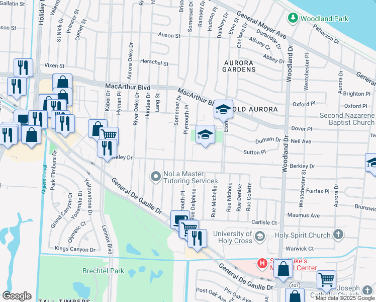 map of restaurants, bars, coffee shops, grocery stores, and more near 3427 Plymouth Place in New Orleans