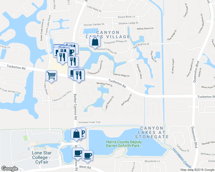 map of restaurants, bars, coffee shops, grocery stores, and more near 17415 Bending Post Drive in Houston