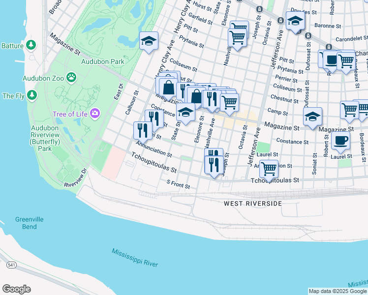 map of restaurants, bars, coffee shops, grocery stores, and more near 5934 Laurel Street in New Orleans
