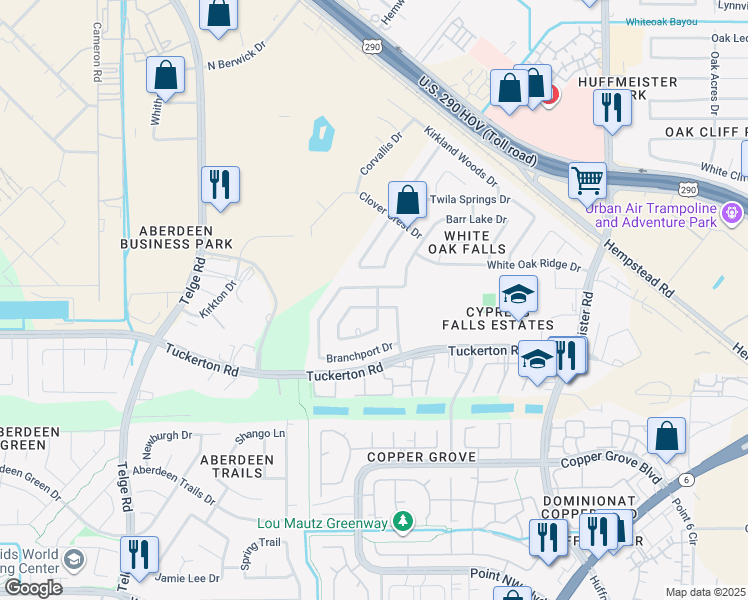map of restaurants, bars, coffee shops, grocery stores, and more near 21302 Mission Falls Drive in Houston