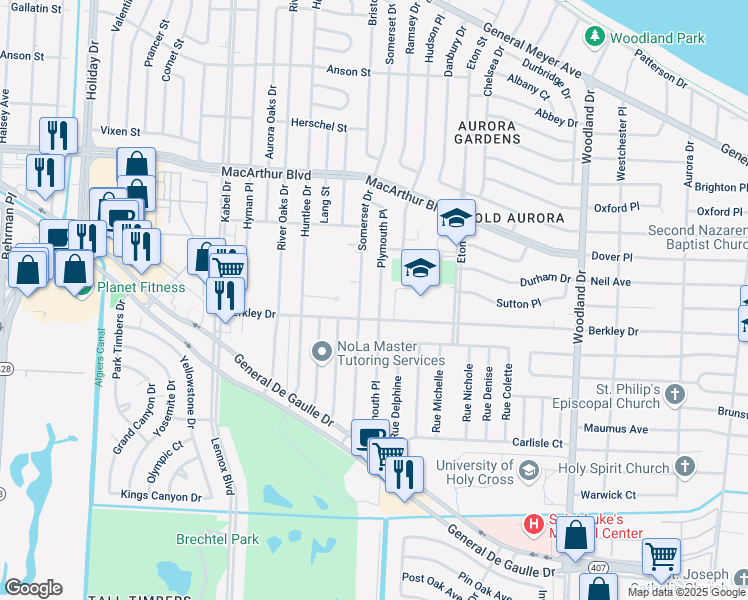 map of restaurants, bars, coffee shops, grocery stores, and more near 3427 Plymouth Place in New Orleans