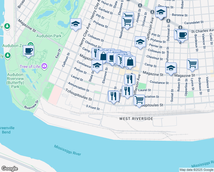 map of restaurants, bars, coffee shops, grocery stores, and more near 502 Nashville Avenue in New Orleans