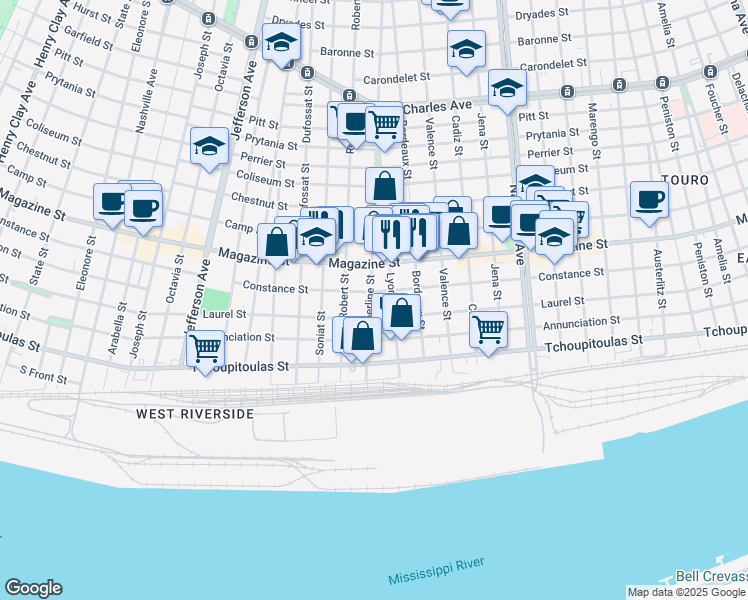 map of restaurants, bars, coffee shops, grocery stores, and more near 735 Upperline Street in New Orleans