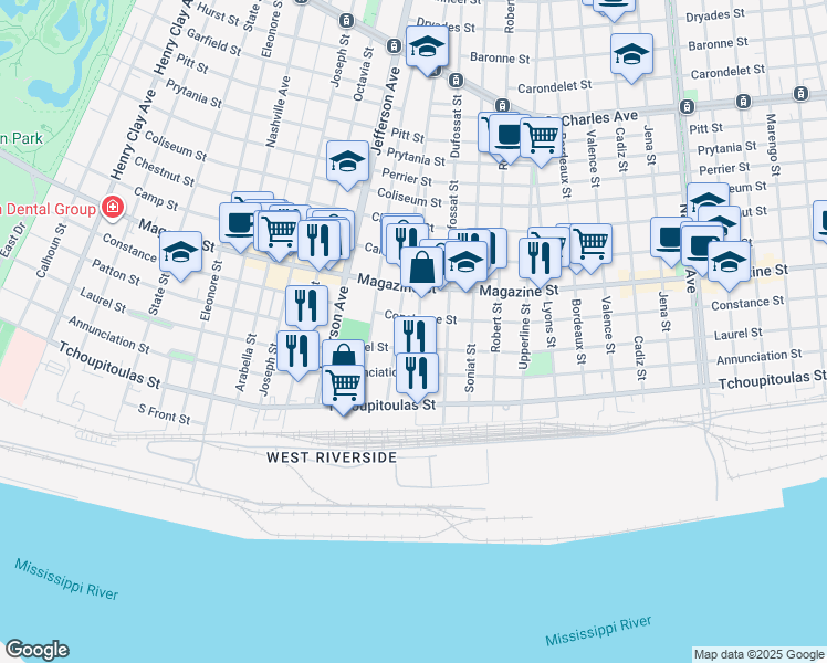 map of restaurants, bars, coffee shops, grocery stores, and more near 724 Bellecastle Street in New Orleans