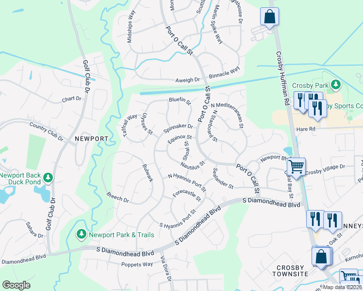 map of restaurants, bars, coffee shops, grocery stores, and more near 706 Shoal Court in Crosby