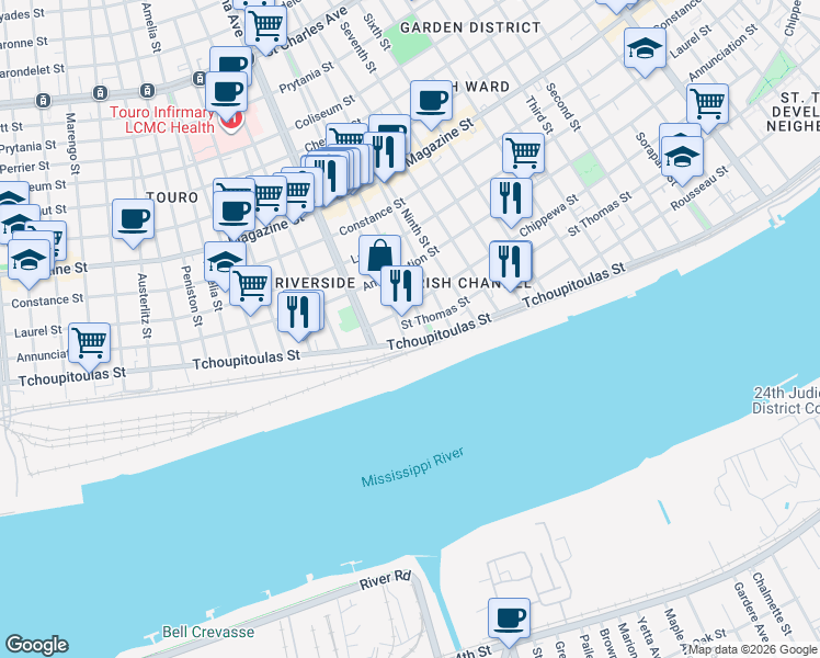 map of restaurants, bars, coffee shops, grocery stores, and more near 3260 Saint Thomas Street in New Orleans