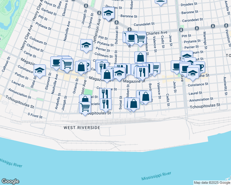 map of restaurants, bars, coffee shops, grocery stores, and more near 727 Dufossat Street in New Orleans