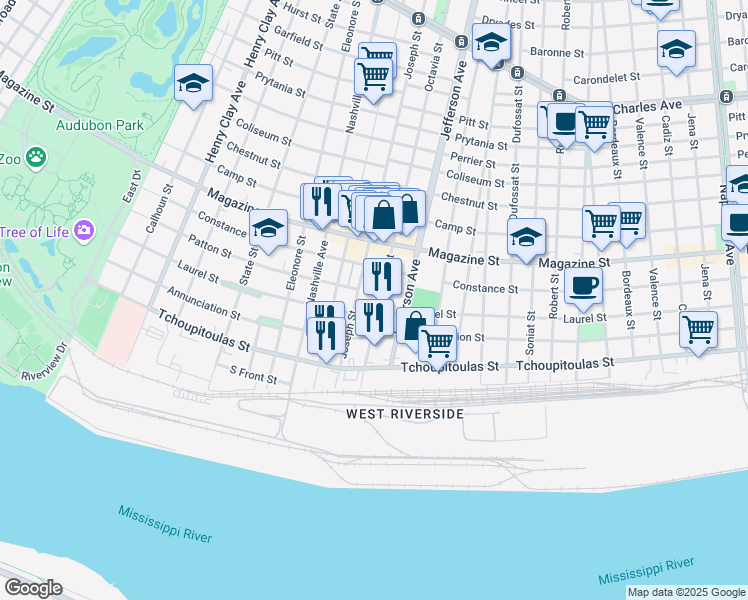map of restaurants, bars, coffee shops, grocery stores, and more near 520 Octavia Street in New Orleans
