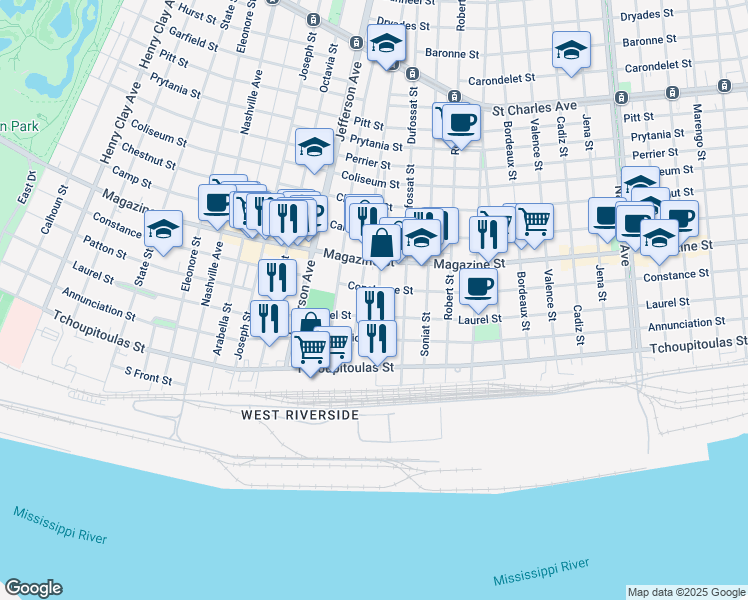map of restaurants, bars, coffee shops, grocery stores, and more near 724 Bellecastle Street in New Orleans