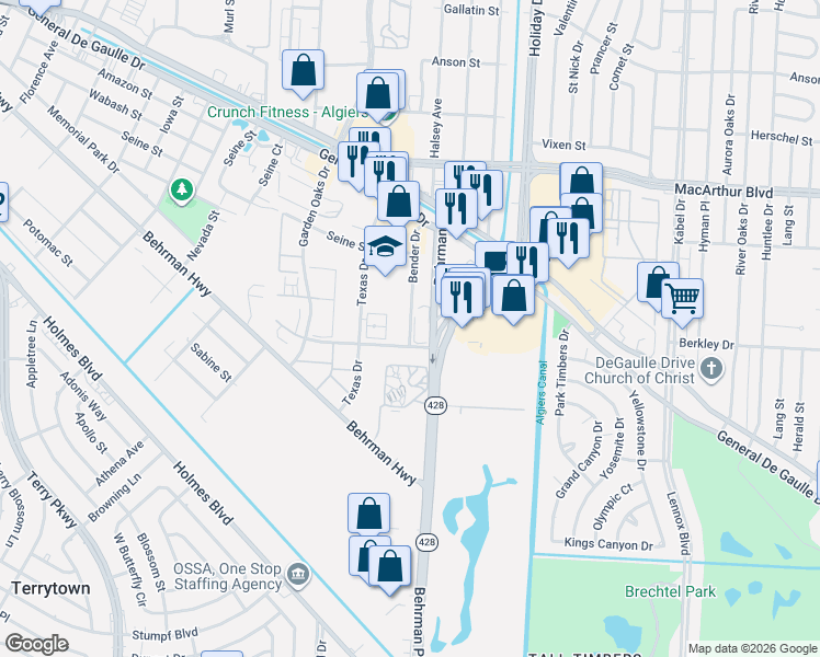 map of restaurants, bars, coffee shops, grocery stores, and more near 3601 Behrman Place in New Orleans