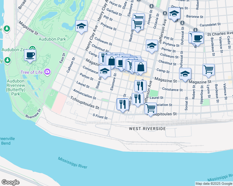 map of restaurants, bars, coffee shops, grocery stores, and more near 502 Nashville Avenue in New Orleans