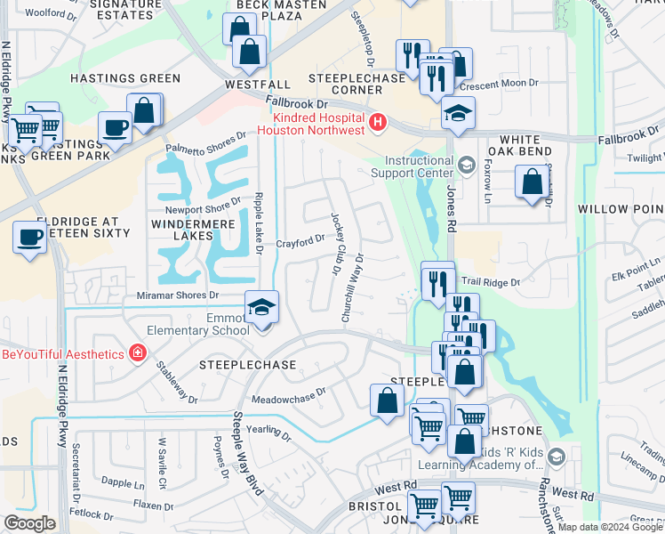 map of restaurants, bars, coffee shops, grocery stores, and more near 9915 Jockey Club Drive in Houston