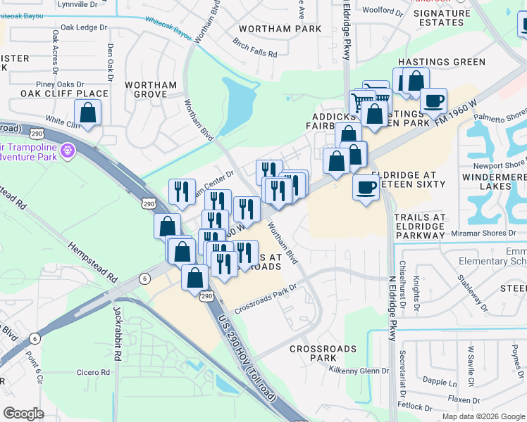 map of restaurants, bars, coffee shops, grocery stores, and more near 13004 Farm to Market 1960 Road West in Houston