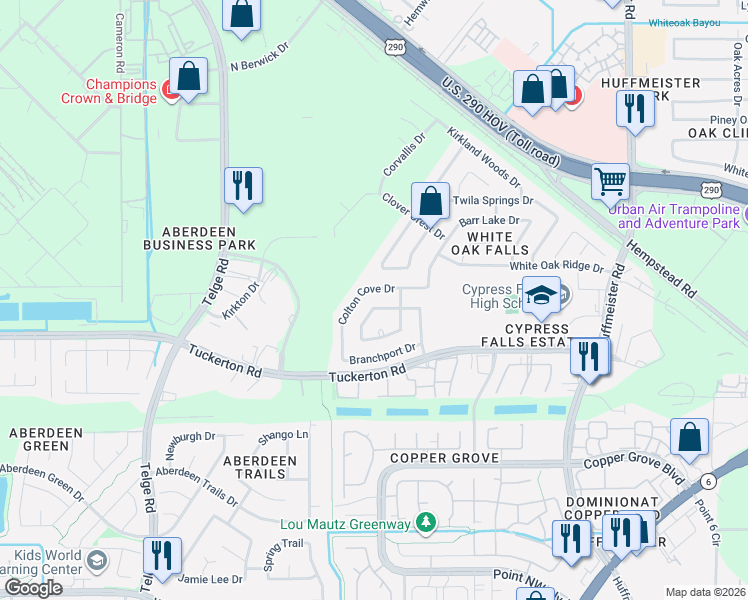 map of restaurants, bars, coffee shops, grocery stores, and more near 21411 Colton Cove Drive in Houston
