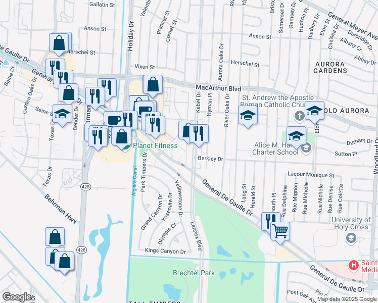 map of restaurants, bars, coffee shops, grocery stores, and more near 3451 Kabel Drive in New Orleans