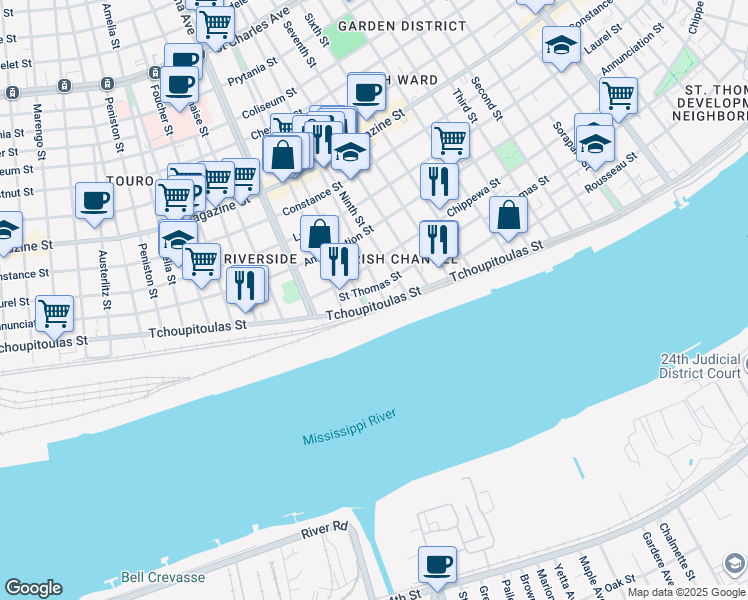map of restaurants, bars, coffee shops, grocery stores, and more near 3213 Tchoupitoulas St in New Orleans