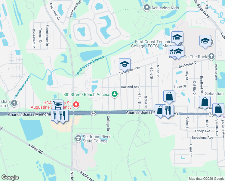 map of restaurants, bars, coffee shops, grocery stores, and more near 2894 North 9th Street in St. Augustine