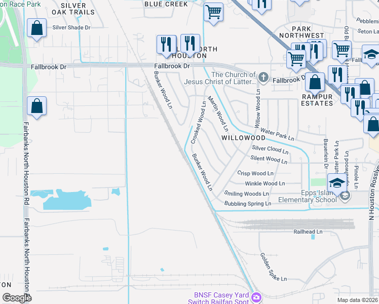 map of restaurants, bars, coffee shops, grocery stores, and more near 7835 Bunker Wood Lane in Houston