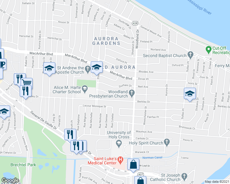 map of restaurants, bars, coffee shops, grocery stores, and more near 5600 Sutton Place in New Orleans