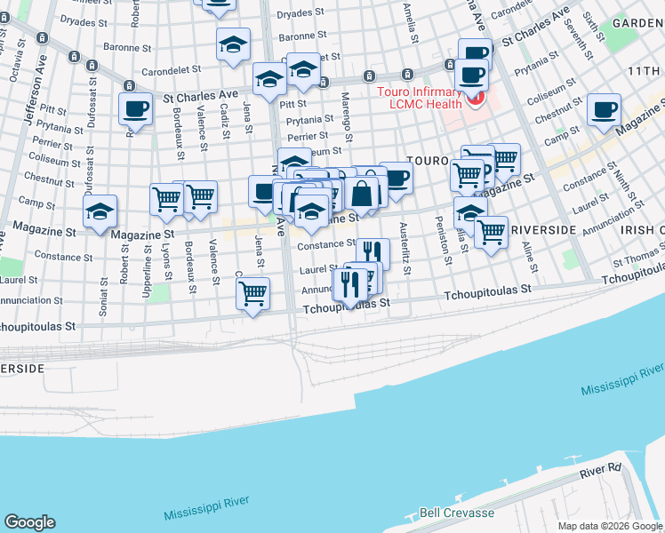 map of restaurants, bars, coffee shops, grocery stores, and more near 4207 Laurel Street in New Orleans
