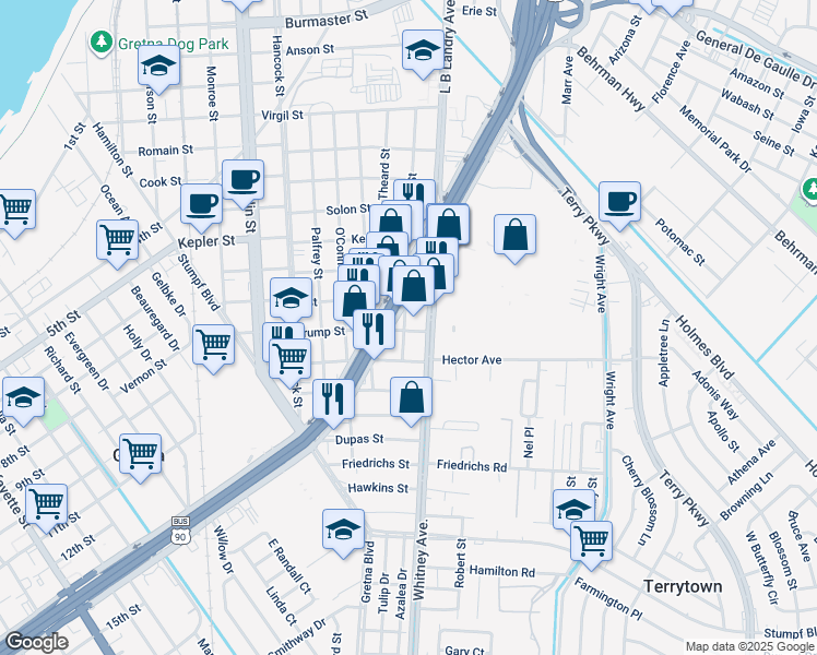 map of restaurants, bars, coffee shops, grocery stores, and more near 1307 Van Trump Street in Gretna