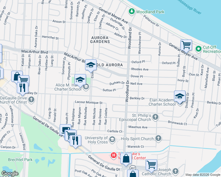 map of restaurants, bars, coffee shops, grocery stores, and more near 5600 Sutton Place in New Orleans