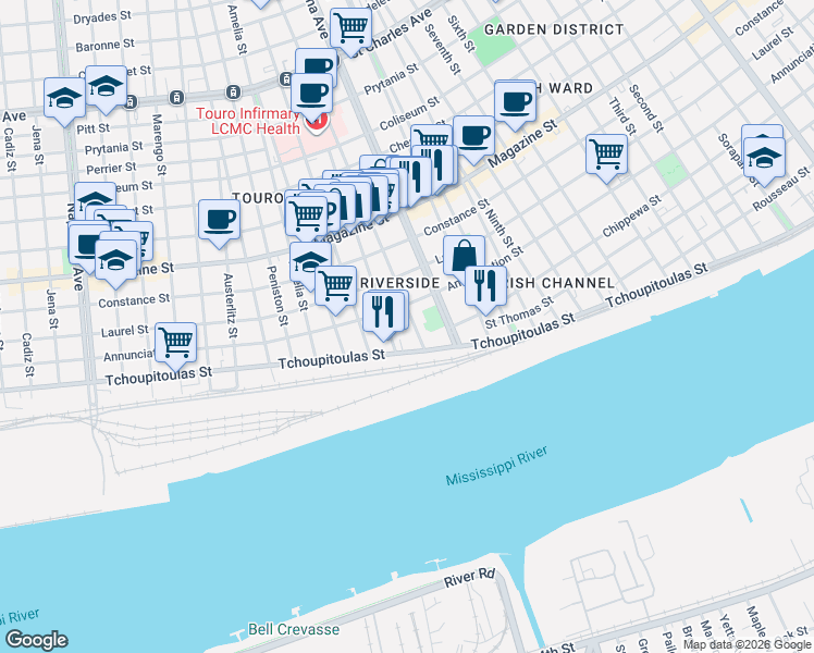 map of restaurants, bars, coffee shops, grocery stores, and more near 738 Delachaise Street in New Orleans