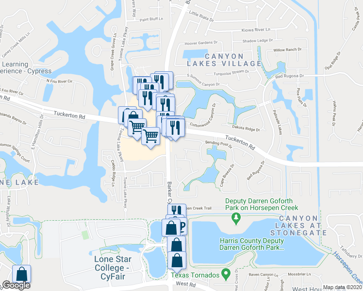map of restaurants, bars, coffee shops, grocery stores, and more near 17606 Dewberry Crescent Drive in Houston