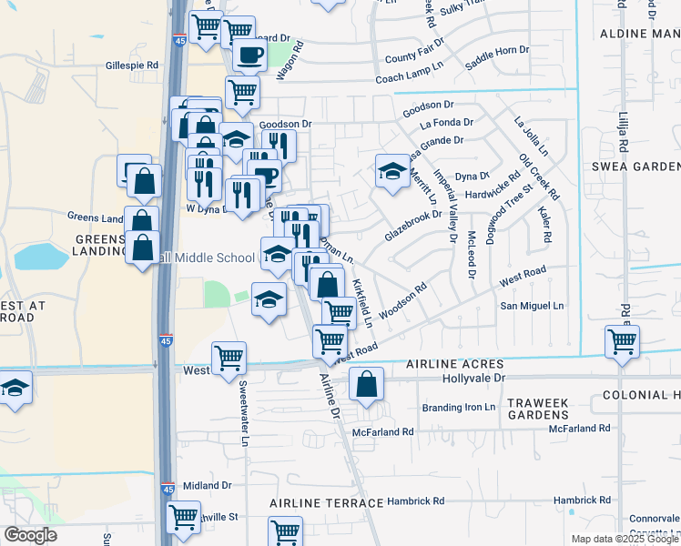 map of restaurants, bars, coffee shops, grocery stores, and more near 15118 Wellman Lane in Houston