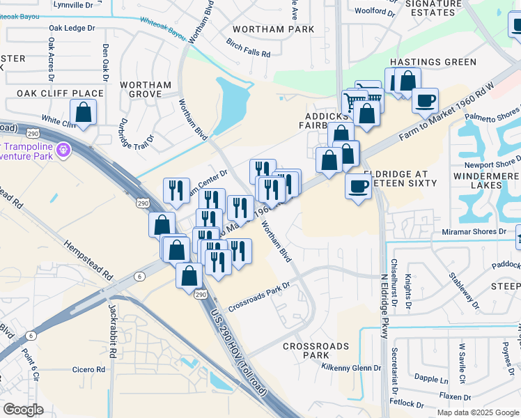 map of restaurants, bars, coffee shops, grocery stores, and more near 13004 Farm to Market 1960 Road West in Houston