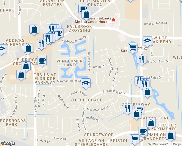 map of restaurants, bars, coffee shops, grocery stores, and more near 10002 Ripple Lake Drive in Houston