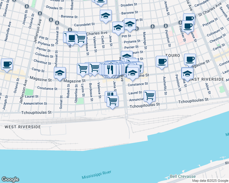 map of restaurants, bars, coffee shops, grocery stores, and more near 716 Jena Street in New Orleans