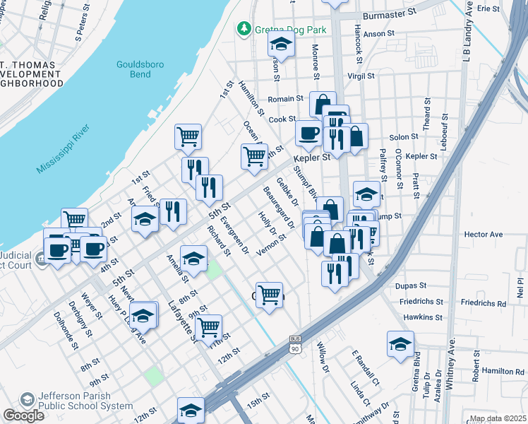map of restaurants, bars, coffee shops, grocery stores, and more near 21 Holly Drive in Gretna