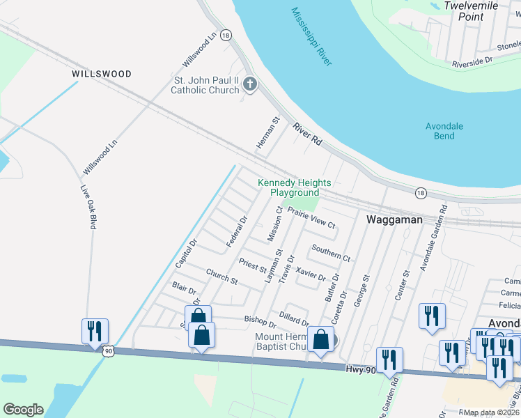 map of restaurants, bars, coffee shops, grocery stores, and more near 353 Glen Della Drive in Westwego