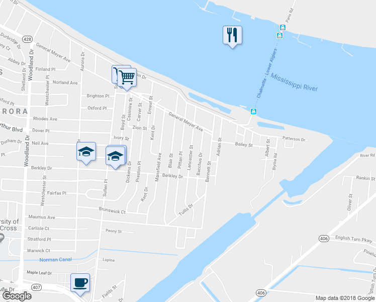 map of restaurants, bars, coffee shops, grocery stores, and more near 3301 Lancaster Street in New Orleans