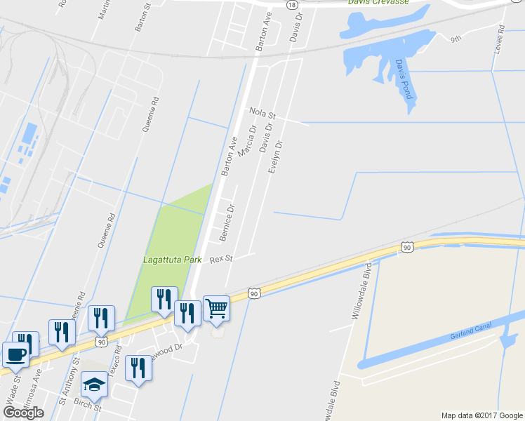 map of restaurants, bars, coffee shops, grocery stores, and more near 347 Evelyn Drive in Luling