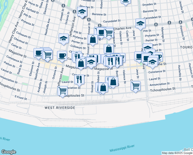 map of restaurants, bars, coffee shops, grocery stores, and more near 5010 Constance Street in New Orleans