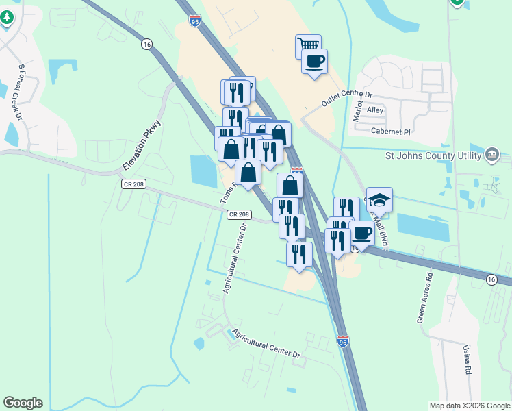 map of restaurants, bars, coffee shops, grocery stores, and more near 2535 Florida 16 in St. Augustine