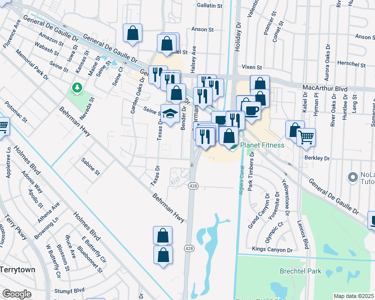 map of restaurants, bars, coffee shops, grocery stores, and more near 3601 Behrman Place in New Orleans