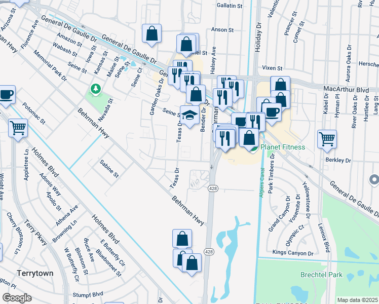map of restaurants, bars, coffee shops, grocery stores, and more near 3601 Bender Boulevard in New Orleans
