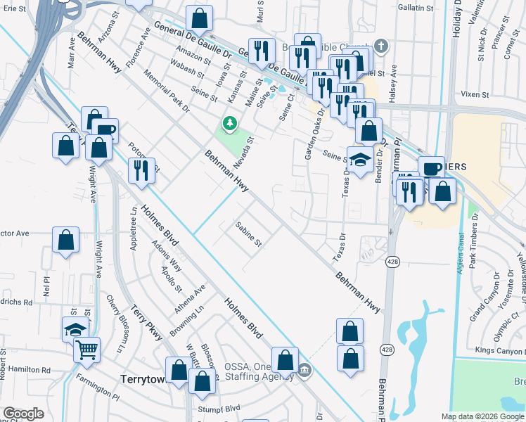 map of restaurants, bars, coffee shops, grocery stores, and more near 3231 Behrman Highway in New Orleans