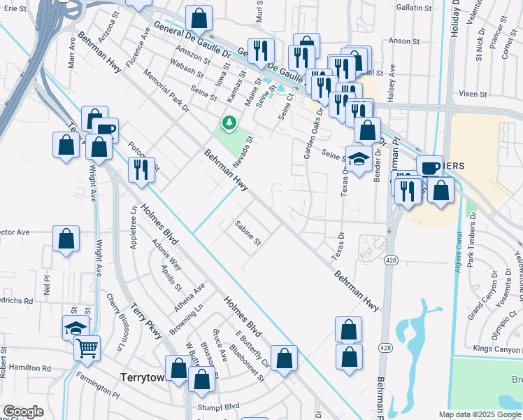 map of restaurants, bars, coffee shops, grocery stores, and more near 3231 Behrman Highway in New Orleans